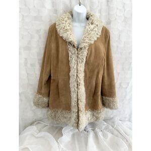 Vtg Y2K Large Tan Suede Leather Shag Penny Lane Coat Afghan Mid Length 70s Rave